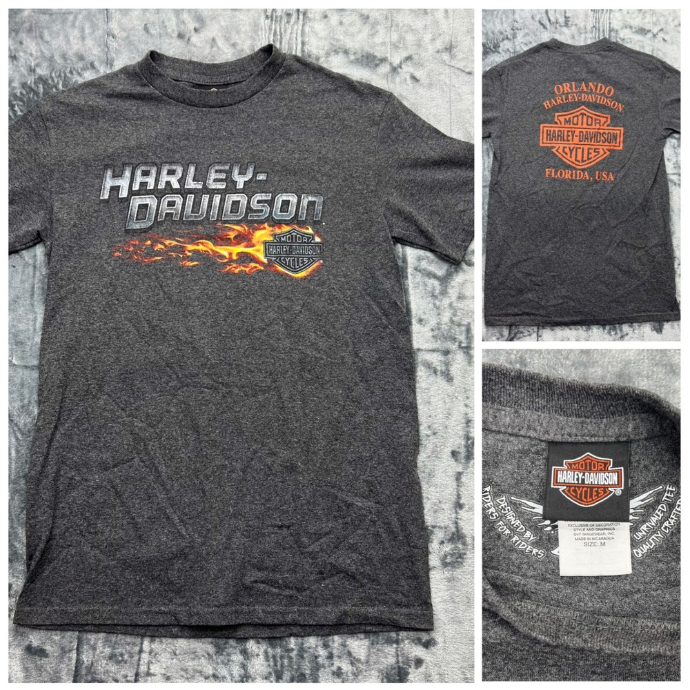 Harley Davidson Flames Men's M Orlando T-Shirt Grey‎ Front & Back Graphics
